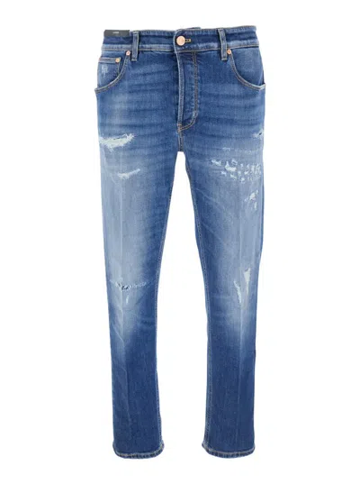 Pt Torino Blue Five Pocket Jeans With Rips And Logo Patch On The Back In Denim Man In Blue
