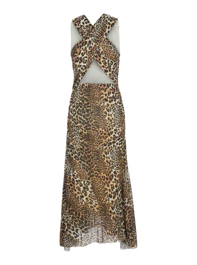 Ganni Brown Long Dress With All-over Leopard Print And Asymmetric Hem In Tech Fabric Woman In Brown