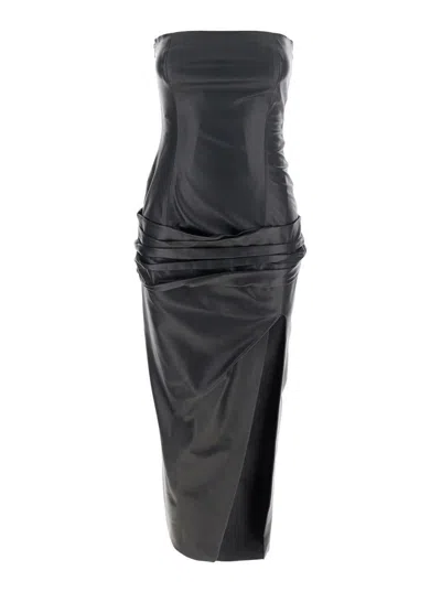 Attico Black Sleeveless Off-shoulder Midi Dress With Front Single Slit And Ruched Waist In Leather Woman In Black