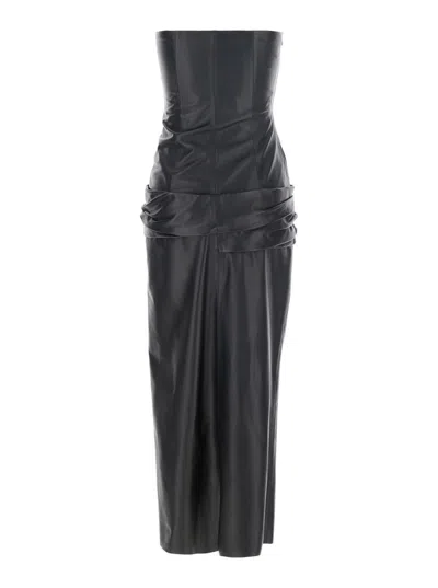 Attico Black Sleeveless Off-shoulder Midi Dress With Front Single Slit And Ruched Waist In Leather Woman In Black