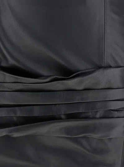 Attico Black Sleeveless Off-shoulder Midi Dress With Front Single Slit And Ruched Waist In Leather Woman In Black