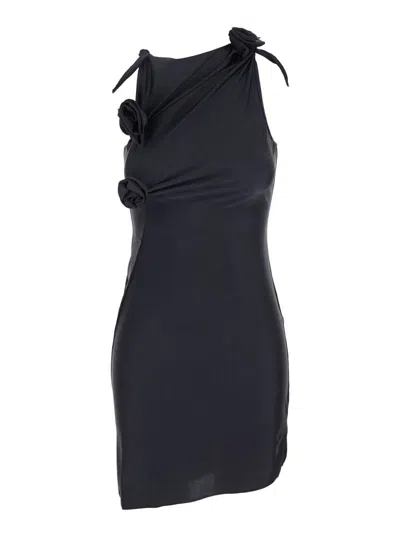 Coperni Black Asymmetric Sleeveless Mini Dress With Floral Detail And Cut-out On The Front In Tech Fabric St In Black