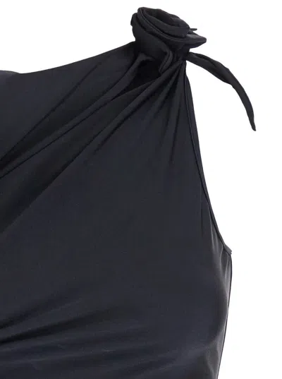 Coperni Black Asymmetric Sleeveless Mini Dress With Floral Detail And Cut-out On The Front In Tech Fabric St In Black