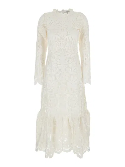 Sea 'agathe Applique' White Crewneck Long Dress With Asymmetric Hem In Tech Fabric Woman In White