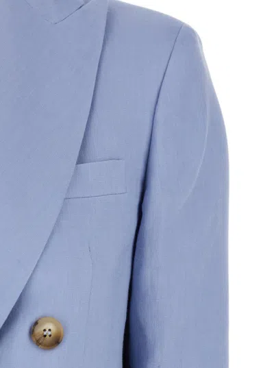 Plain Light Blue Double-breasted Jacket With Classic Lapels In Blue