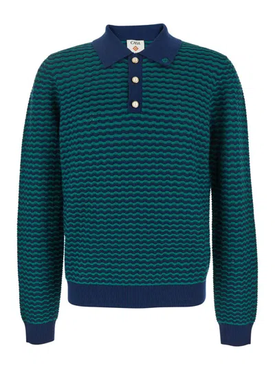 Casablanca Mini Wave Blue Polo Shirt With Logo Embroidery On The Collar And All-over Striped Motif In Wool Man In Blue