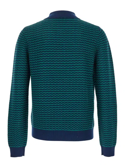 Casablanca Mini Wave Blue Polo Shirt With Logo Embroidery On The Collar And All-over Striped Motif In Wool Man In Blue