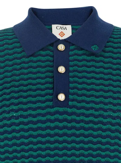 Casablanca Mini Wave Blue Polo Shirt With Logo Embroidery On The Collar And All-over Striped Motif In Wool Man In Blue