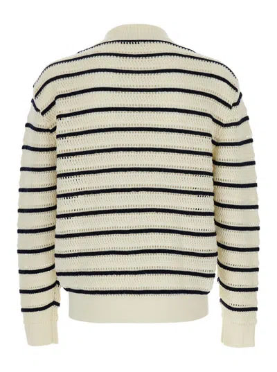 Dunst White Knitted Cardigan With Wide Collar And All-over Stiped Motif In Cotton  Man In White