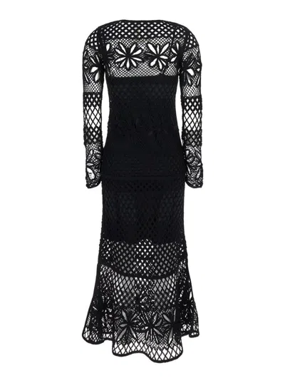 Pinko Ortles Black Crewneck Long Dress With Fishnet Design And All-over Floral Embroidery In Viscose Blend In Black