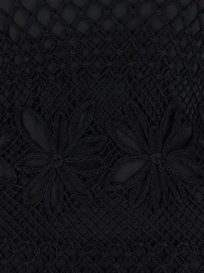 Pinko Ortles Black Crewneck Long Dress With Fishnet Design And All-over Floral Embroidery In Viscose Blend In Black
