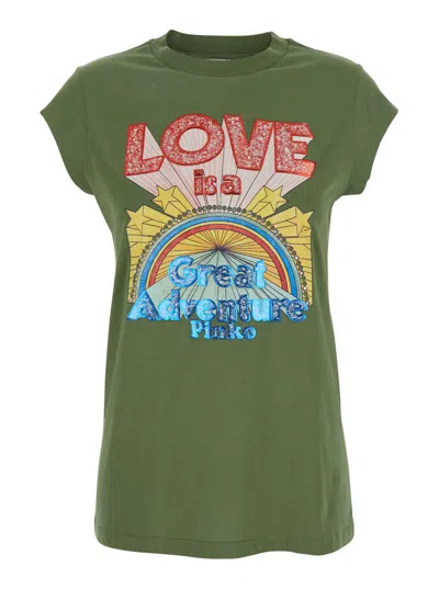 Pinko Green T-shirt With Graphic Print On The Front In Cotton Woman In Green