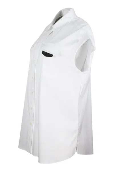 Brunello Cucinelli Sleeveless Shirt In Stretch Cotton With Front Pockets Embellished With Shiny Jewels In White