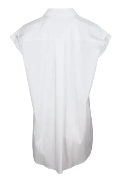 Brunello Cucinelli Sleeveless Shirt In Stretch Cotton With Front Pockets Embellished With Shiny Jewels In White