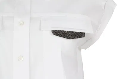 Brunello Cucinelli Sleeveless Shirt In Stretch Cotton With Front Pockets Embellished With Shiny Jewels In White