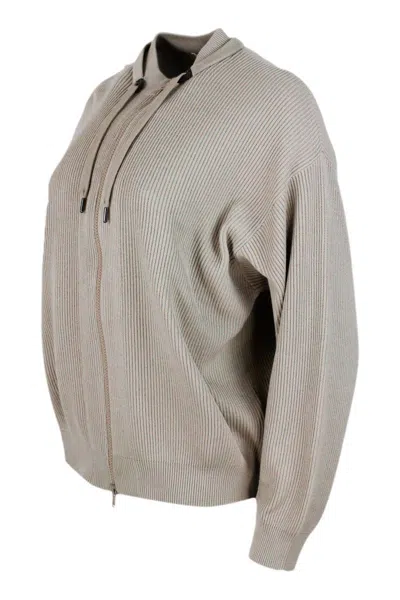 Brunello Cucinelli Crochet Cardigan With Zip And Drawstring In Beige