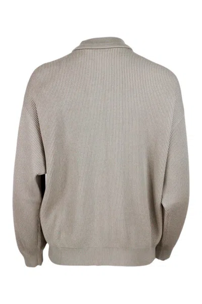 Brunello Cucinelli Crochet Cardigan With Zip And Drawstring In Beige