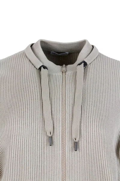 Brunello Cucinelli Crochet Cardigan With Zip And Drawstring In Beige