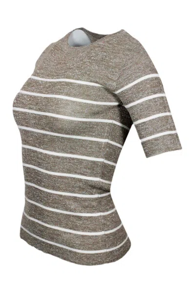 Brunello Cucinelli Crew-neck And Short-sleeved Linen Blend Sweater With Striped Pattern In Beige