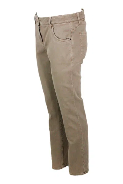 Brunello Cucinelli Five-pocket Garment-dyed Stretch Denim Trousers. Slim Model In Beige