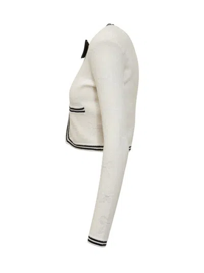 Self-portrait Beige Cardigan With Bow Detail On The Front And Contrasting Trims In Cotton Blend Woman In White