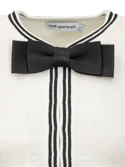 Self-portrait Beige Cardigan With Bow Detail On The Front And Contrasting Trims In Cotton Blend Woman In White