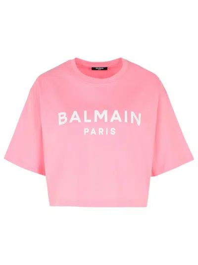 Balmain Women Logo Organic Cotton Cropped T-shirt In Pink