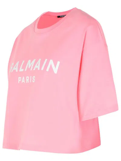 Balmain Women Logo Organic Cotton Cropped T-shirt In Pink