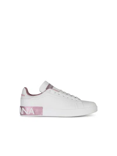 Dolce & Gabbana Portofino White And Pink Low Top Sneakers With Logo In Leather Woman In White