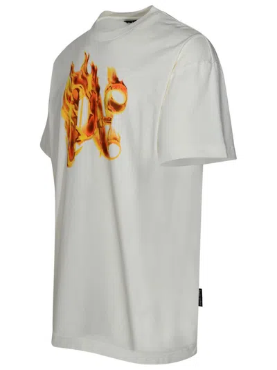 Palm Angels Burning Monogram Metallic Logo-print Cotton-jersey T-shirt In White