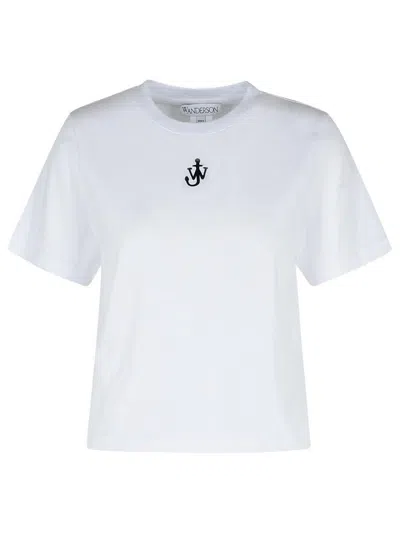 Jw Anderson Mens White Anchor-embroidery Crop Cotton-jersey T-shirt In White