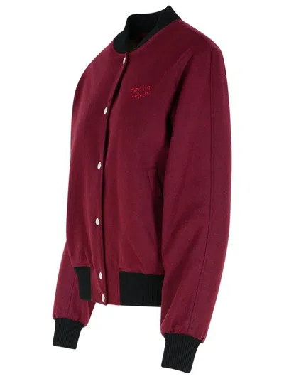 Maison Kitsuné Teddy Burgundy Flannel Bomber Jacket In Red