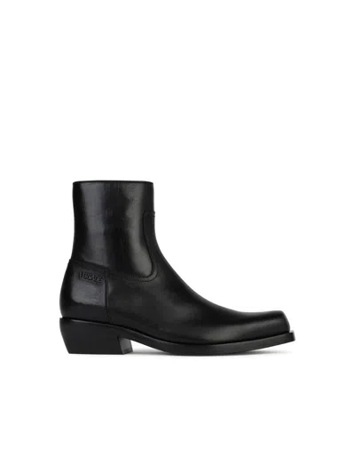 Versace Black Leather Ankle Boots In Black