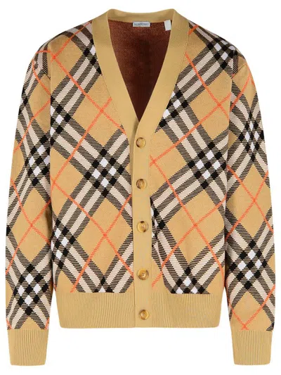 Burberry Embroidered Stretch Wool Blend Cardigan In Beige