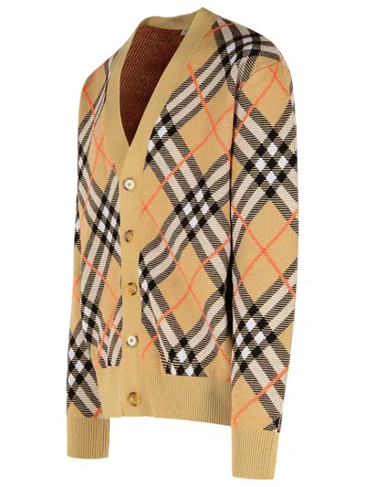 Burberry Embroidered Stretch Wool Blend Cardigan In Beige