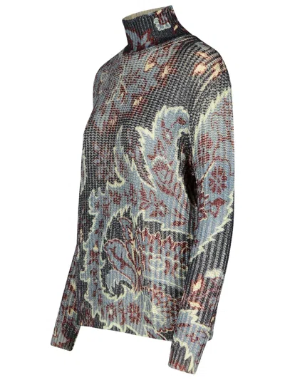 Etro Grey Floral Print Knitted Wool Sweater In Multicolor