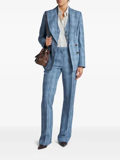 Etro Women Slubbed Check Motif Linen-blend Trousers In Blue