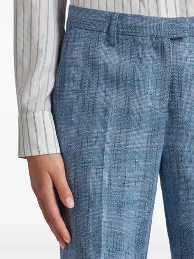 Etro Women Slubbed Check Motif Linen-blend Trousers In Blue