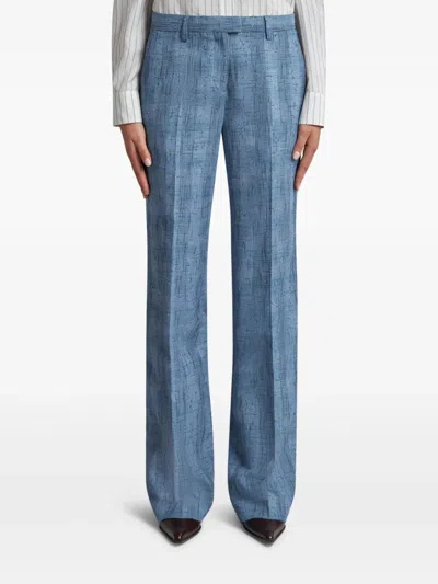 Etro Women Slubbed Check Motif Linen-blend Trousers In Blue