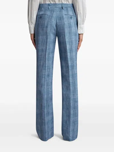Etro Women Slubbed Check Motif Linen-blend Trousers In Blue