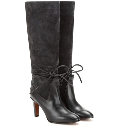 Chloé Suede And Leather Knee Boots In Charcoal Grey