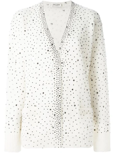 Saint Laurent Embellished Wool Cardigan In Ivory