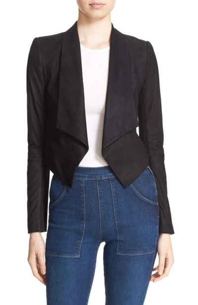 Shop Alice And Olivia 'harvey' Suede & Stretch Knit Open Front Jacket In Black