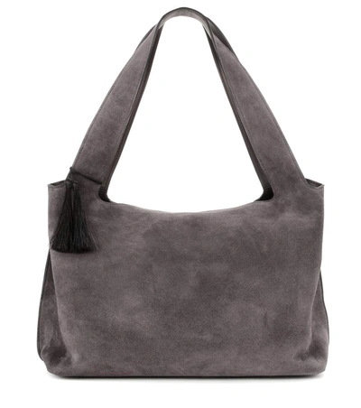 The Row Duplex Suede Satchel Bag, Pewter, Pewter Plaid In Pewter Aes