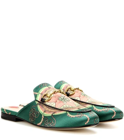Gucci Princetown Horsebit-detailed Printed Satin Slippers In  Lright Greee