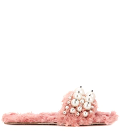 Shop Miu Miu Embellished Faux Fur Slippers In Corallo