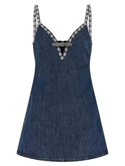 Self-portrait Blue Mini Dress With Bow Detail On The Front And Crystal Embellishment In Denim Woman In Blue