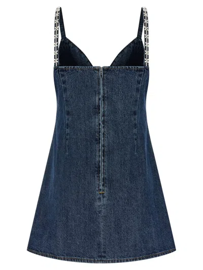 Self-portrait Blue Mini Dress With Bow Detail On The Front And Crystal Embellishment In Denim Woman In Blue