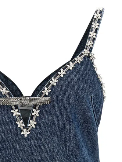 Self-portrait Blue Mini Dress With Bow Detail On The Front And Crystal Embellishment In Denim Woman In Blue