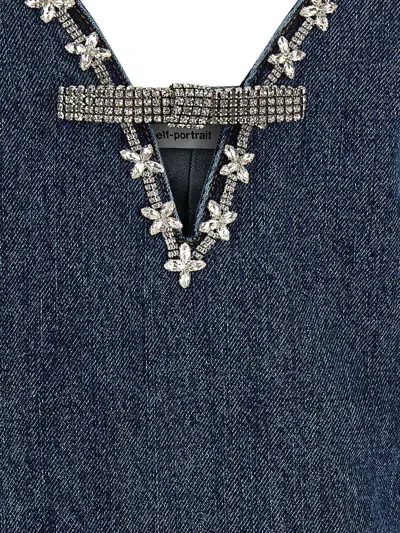 Self-portrait Blue Mini Dress With Bow Detail On The Front And Crystal Embellishment In Denim Woman In Blue